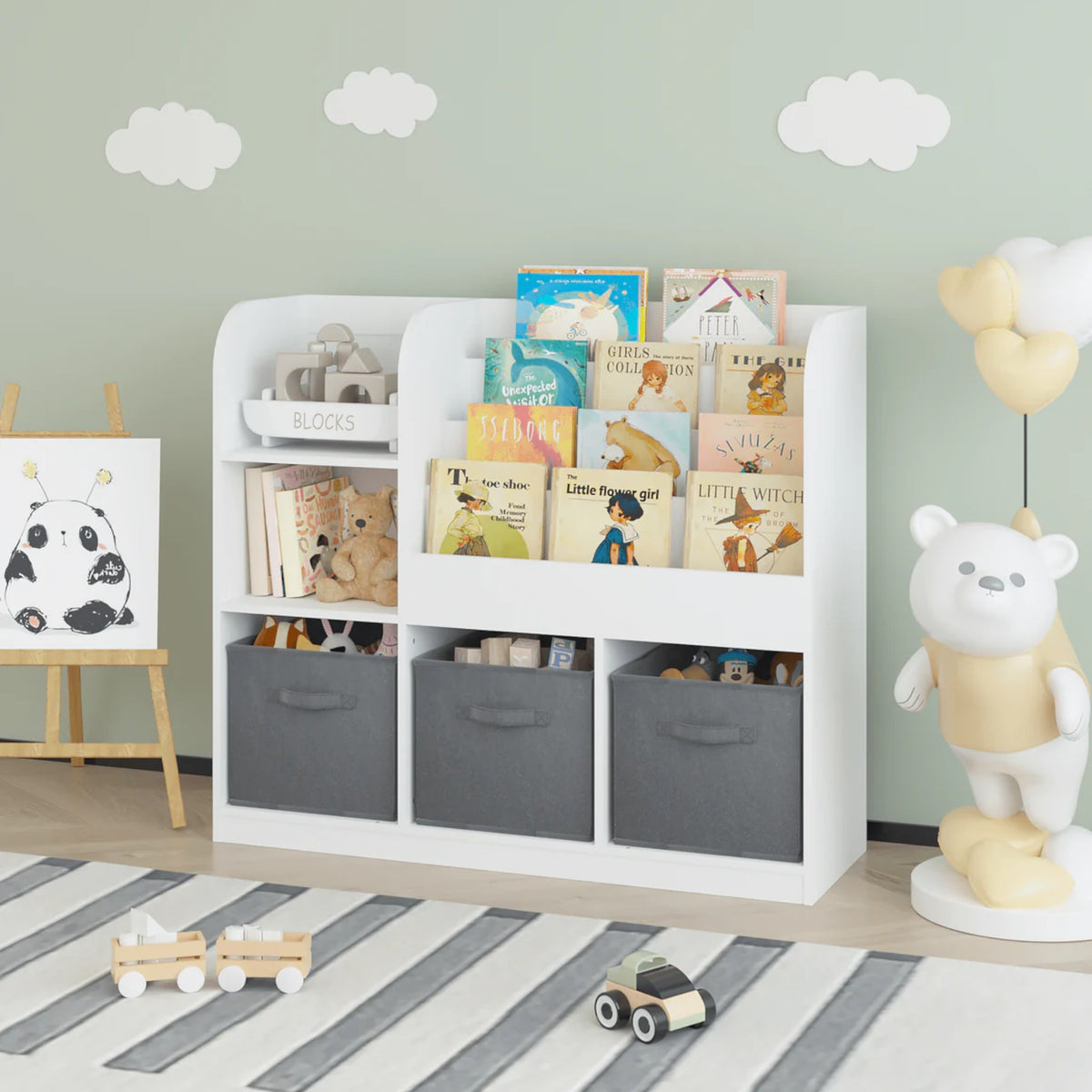 Benbo Kids nagyméretű gyermek könyv- és játéktároló 3 textil dobozzal – fehér-szürke