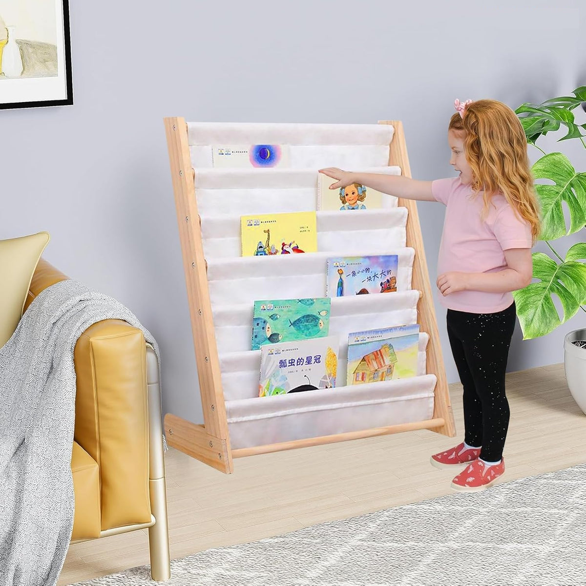 Benbo Kids bambusz gyermek könyvespolc 6 textil rekesszel – natúr-bézs
