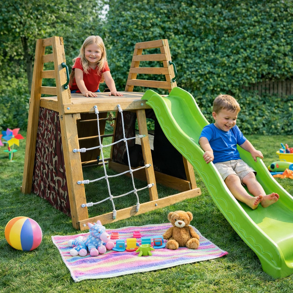 Benbo Kids fa kerti mászóka csúszdával és mászóhálóval