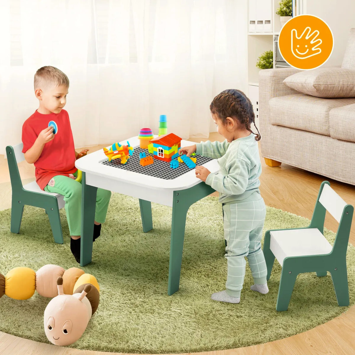 Benbo Kids FOREST 4 az 1-ben gyermekasztal székekkel – LEGO®-kompatibilis építőkockás lap, fehértábla és krétatábla