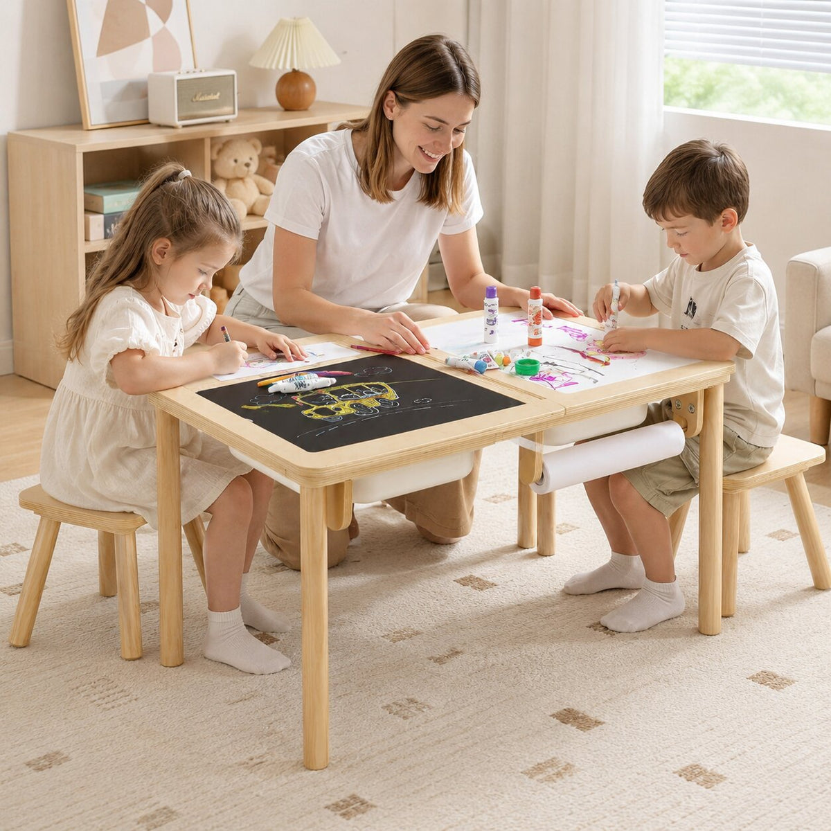 Benbo Kids 5 az 1-ben fa aktivitásasztal 2 székkel, rajztáblával, papírtekerccsel és tárolódobozokkal