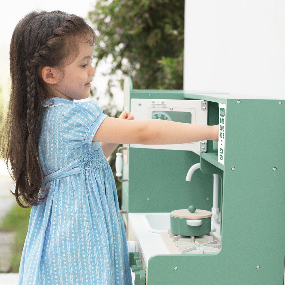 Benbo Kids vintage fa játékkonyha elektronikus főzőlappal, fénnyel és hanggal – zöld