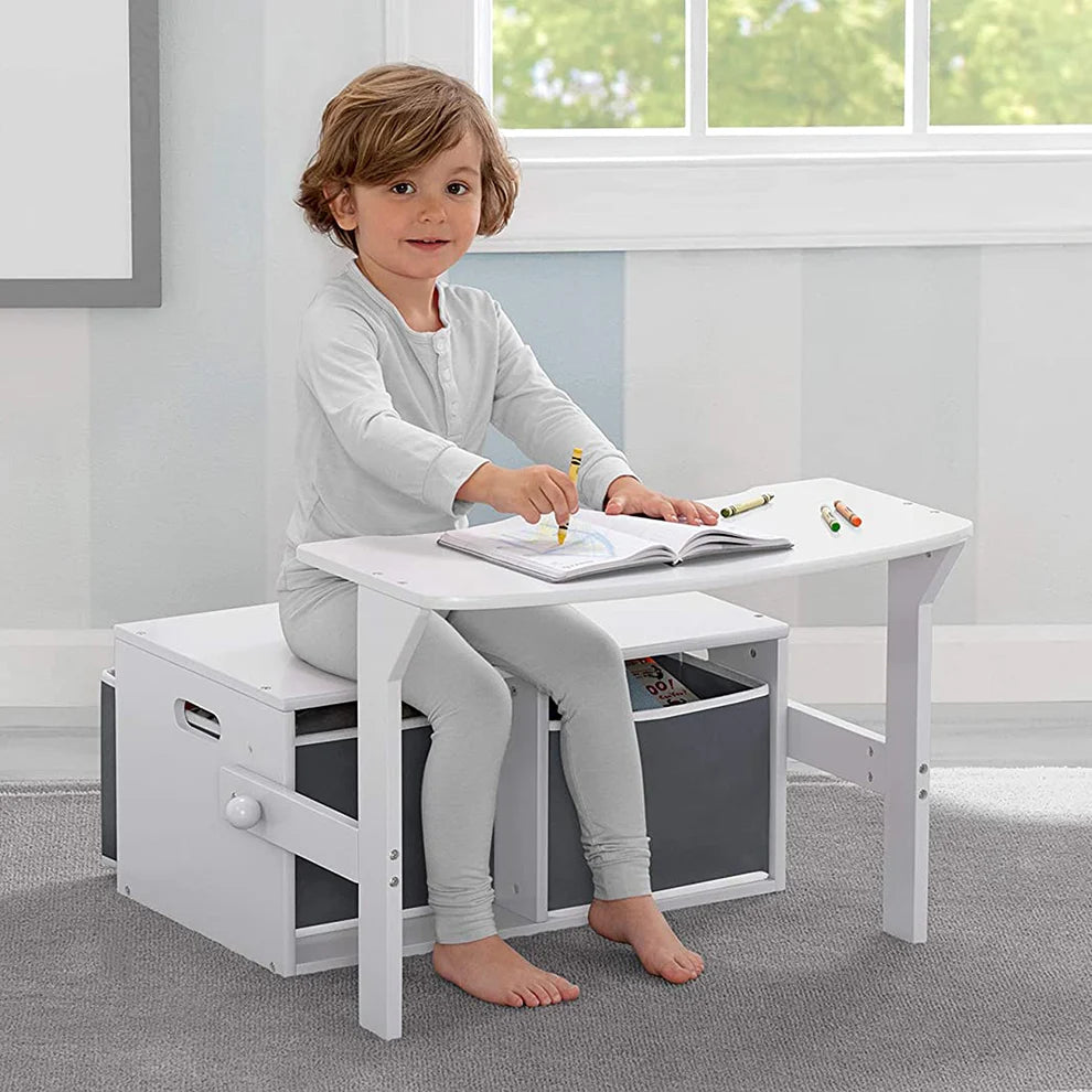 Benbo Kids 3 az 1-ben gyermekpad, íróasztal és tároló 2 textil kosárral – fehér-szürke