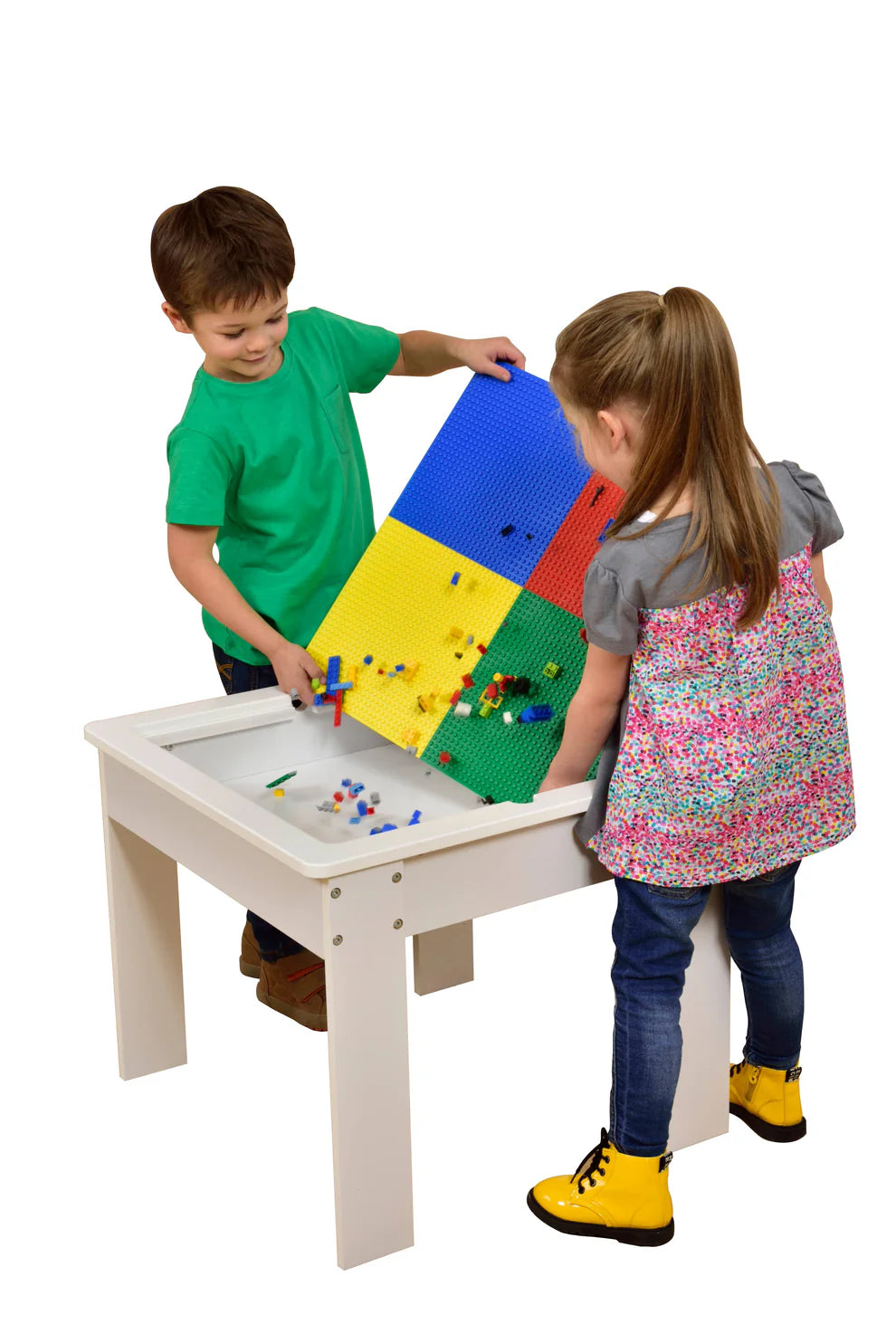 Gyerek asztal 2 székkel, kétoldalas LEGO®-kompatibilis asztallappal és tárolóval – fehér/szürke