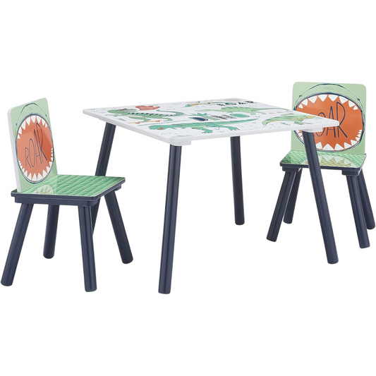 Gyerek fa asztal két székkel kék és zöld dinoszaurusz mintával