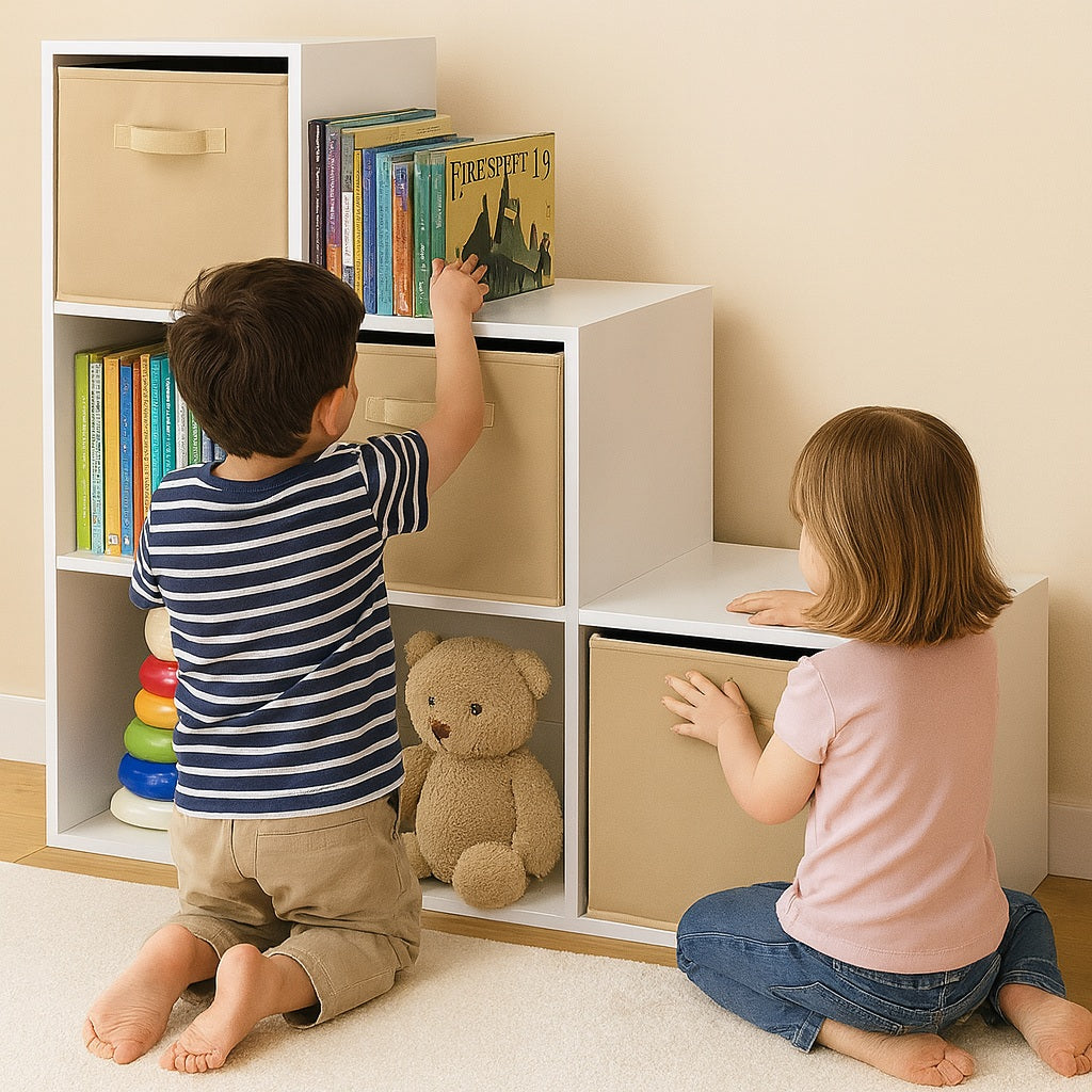 Benbo Kids gyermek könyv- és játéktároló 6 rekesszel és 3 textil dobozzal – fehér-bézs
