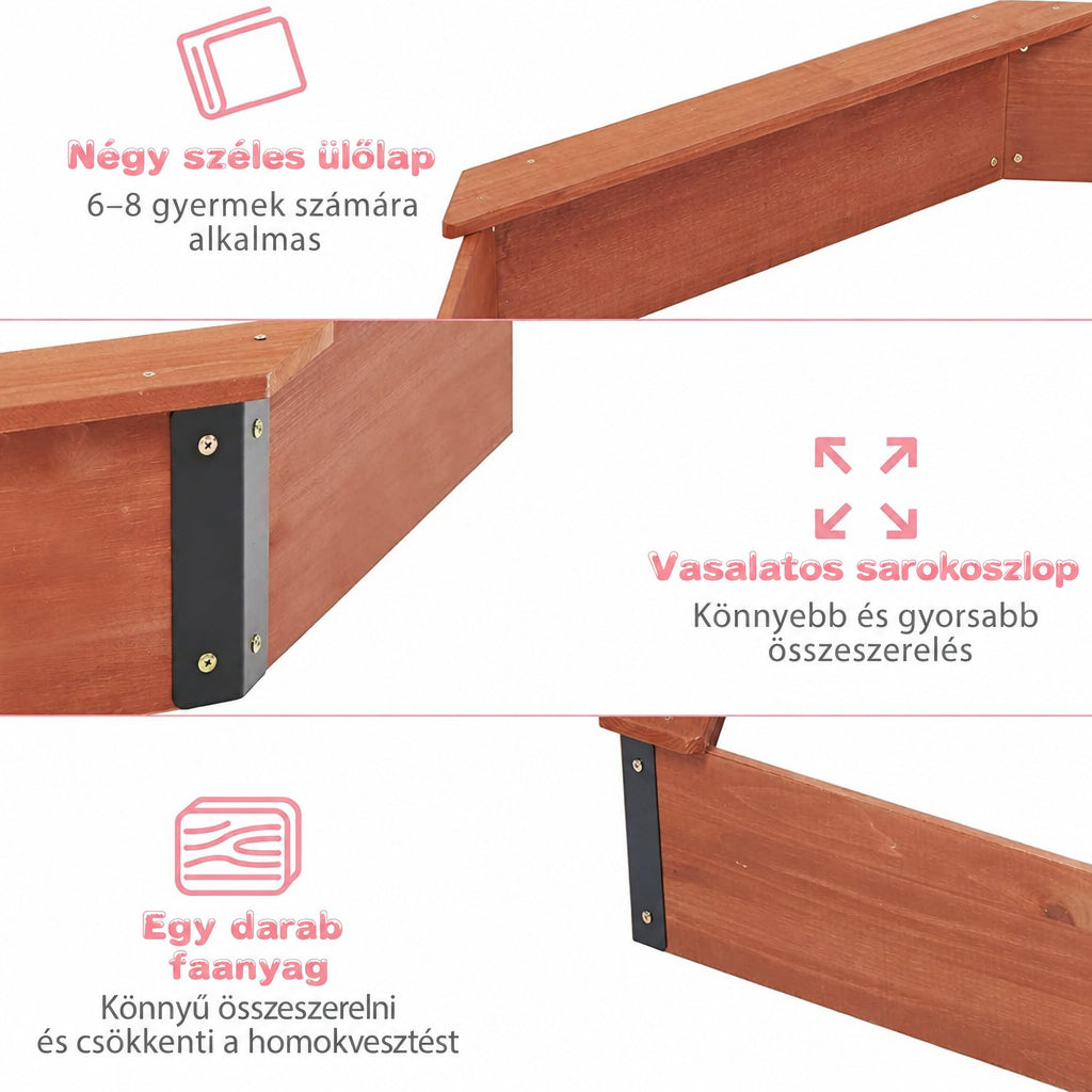 Benbo Kids OCTAGON nagy nyolcszögletű fa homokozó 4 ülőhellyel és vízálló takaróval