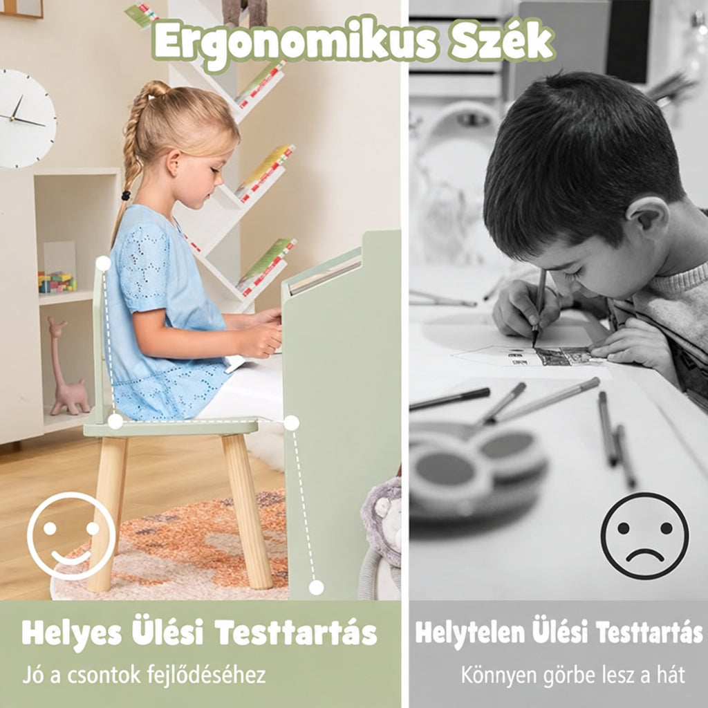 Benbo Kids multifunkciós gyermekasztal 2 székkel és házikó formájú krétatáblával – zöld