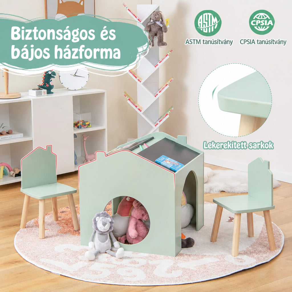 Benbo Kids multifunkciós gyermekasztal 2 székkel és házikó formájú krétatáblával – zöld