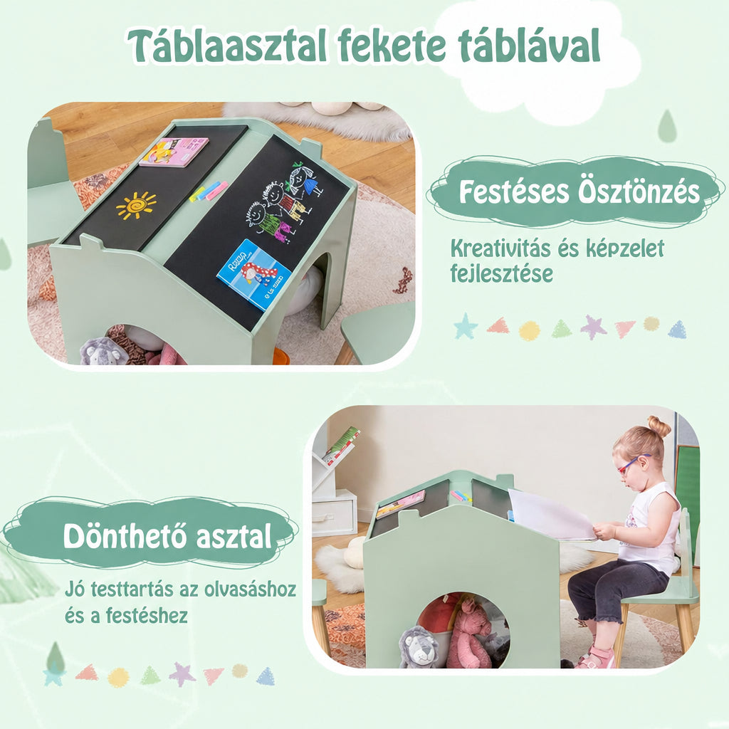 Benbo Kids multifunkciós gyermekasztal 2 székkel és házikó formájú krétatáblával – zöld