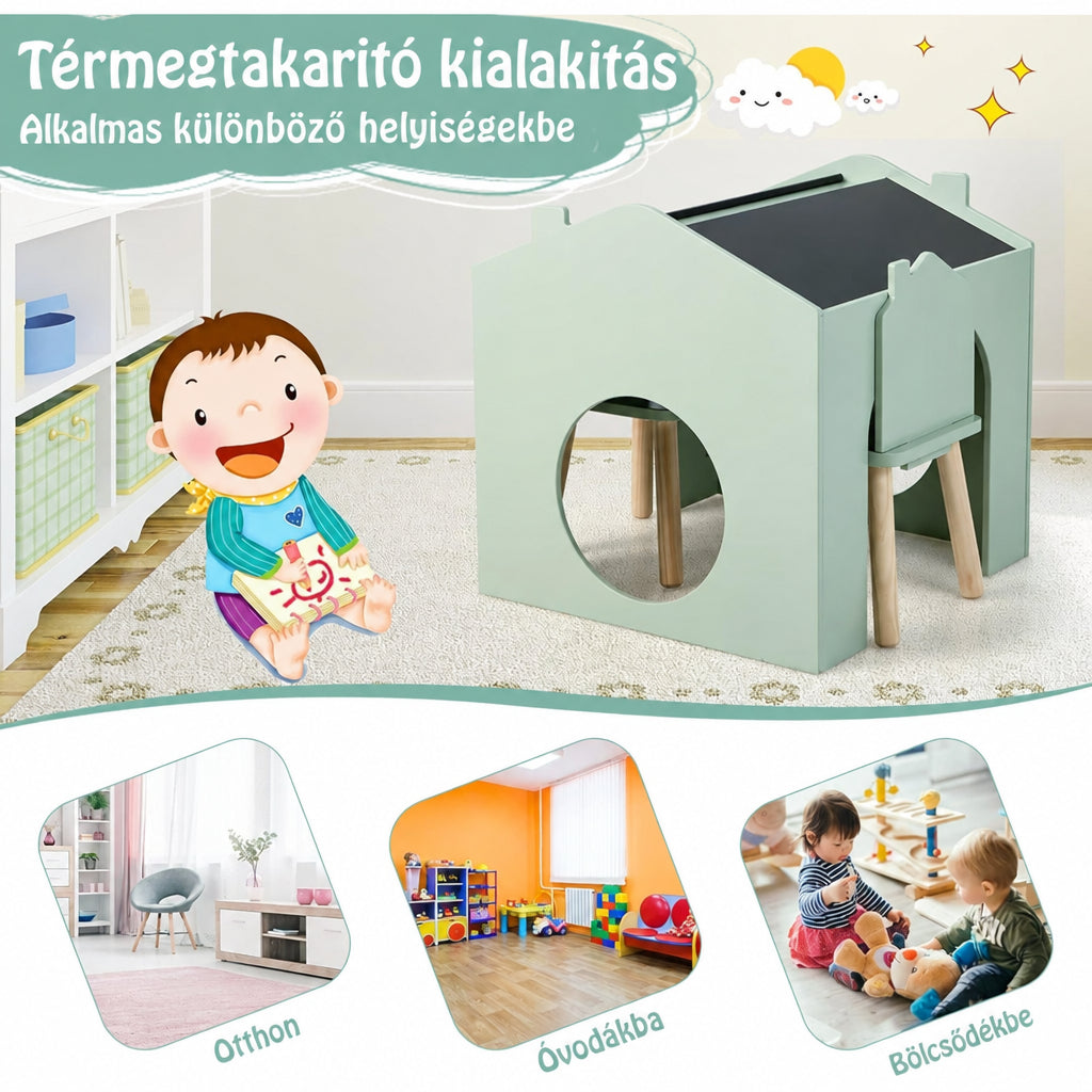 Benbo Kids multifunkciós gyermekasztal 2 székkel és házikó formájú krétatáblával – zöld