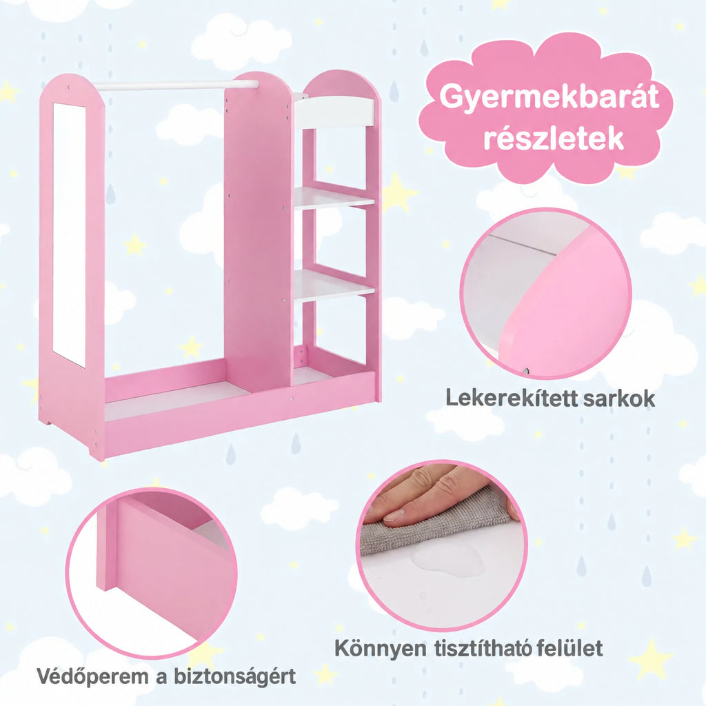 Benbo Kids nyitott gyermek ruhatartó gardrób tükörrel és polcokkal – rózsaszín