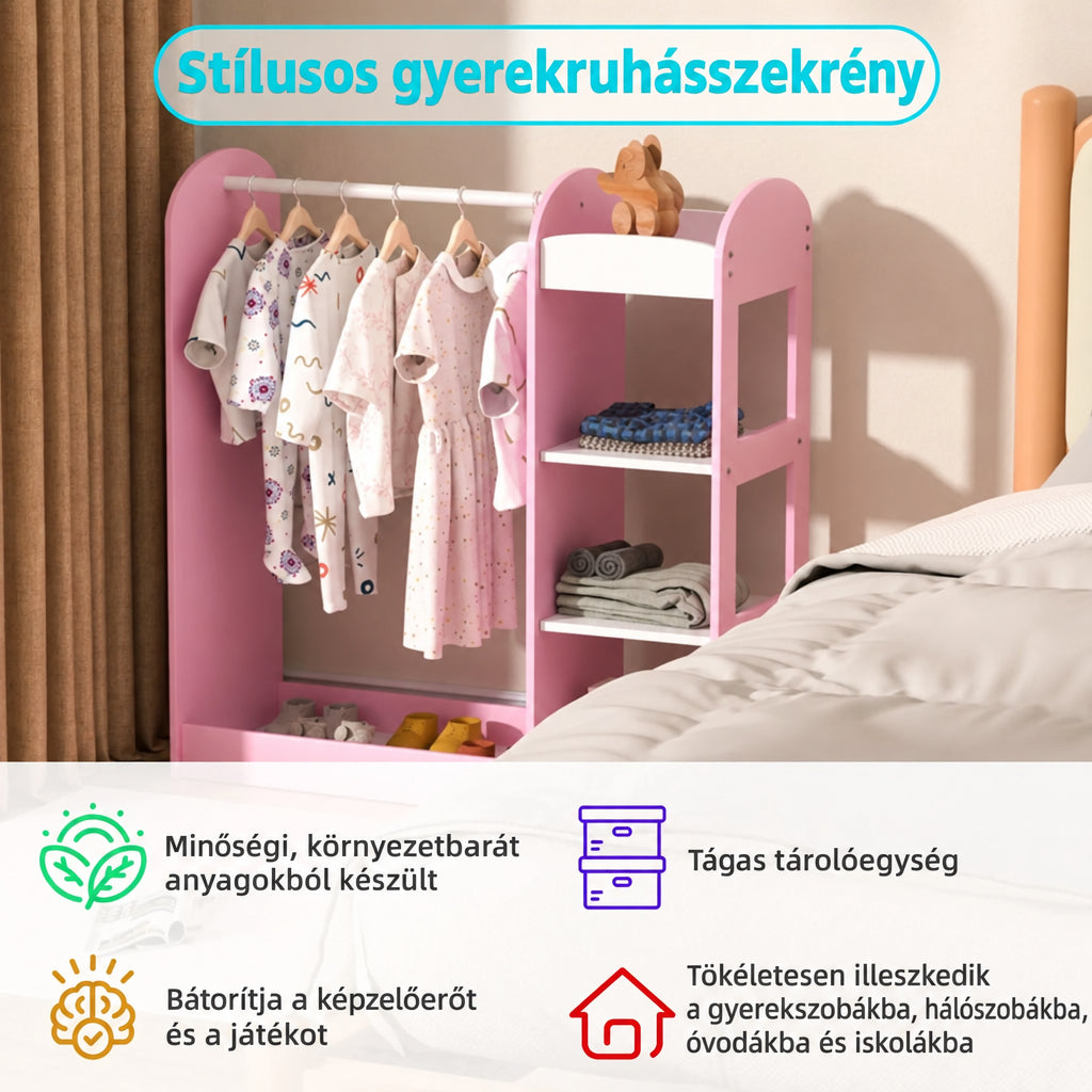 Benbo Kids nyitott gyermek ruhatartó gardrób tükörrel és polcokkal – rózsaszín
