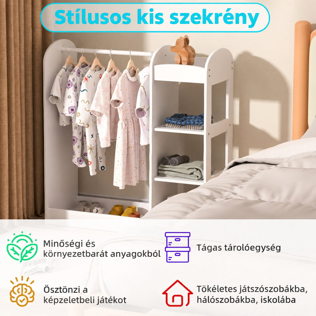 Benbo Kids nyitott gyermek ruhatartó gardrób tükörrel és polcokkal – fehér