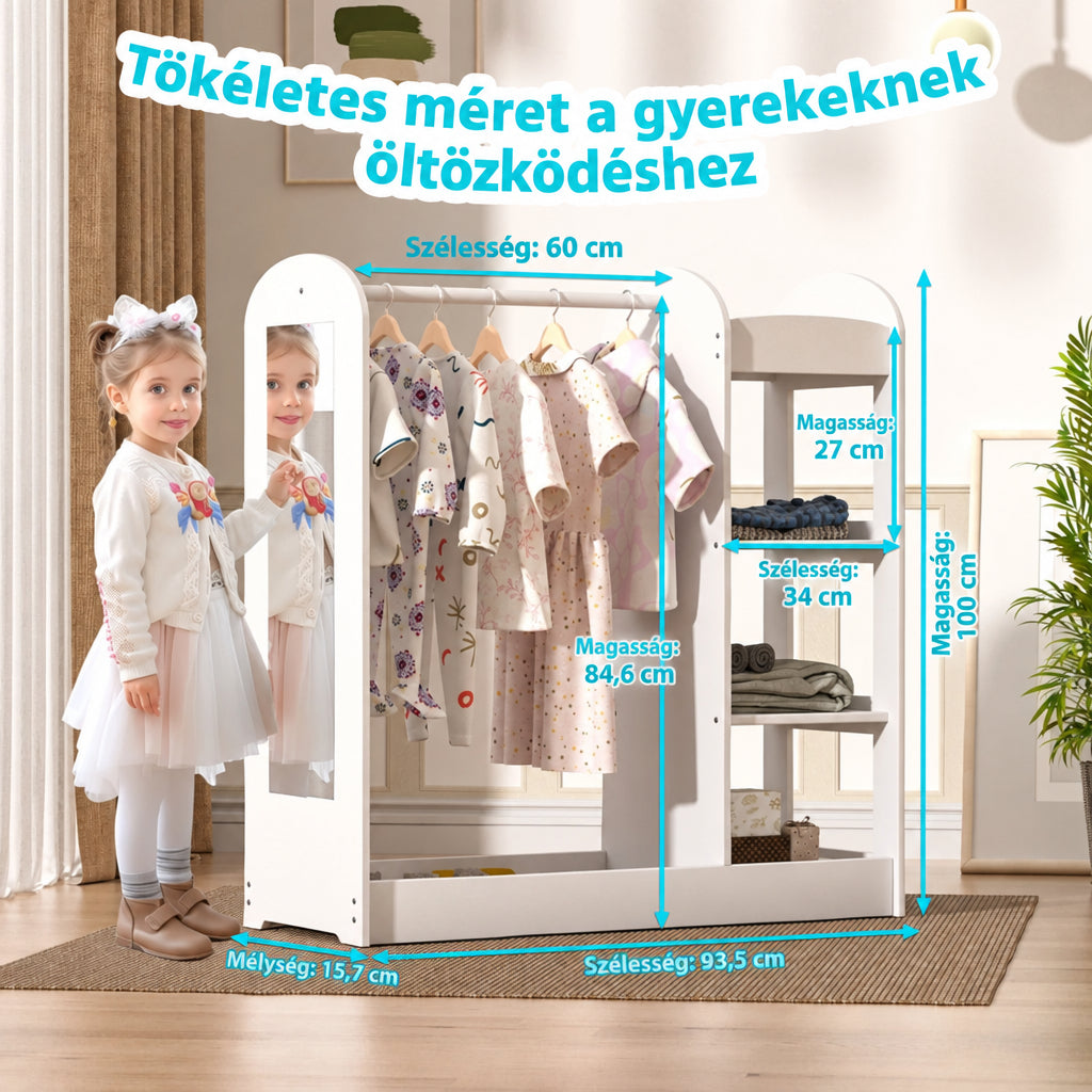 Benbo Kids nyitott gyermek ruhatartó gardrób tükörrel és polcokkal – fehér
