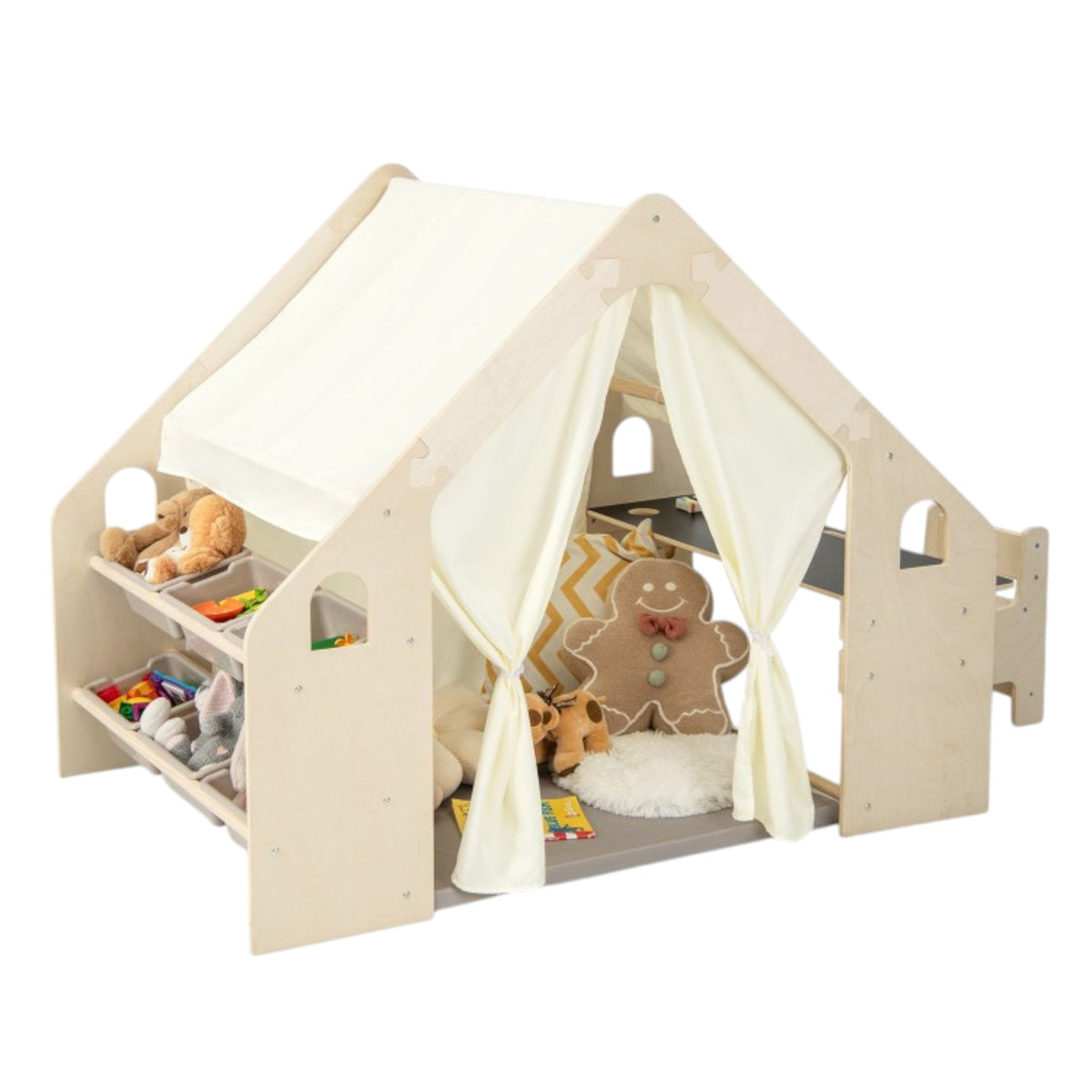 Benbo Kids 6 az 1-ben fa gyermek játszóház sátorral, asztallal, székkel, krétatáblával és tárolóval