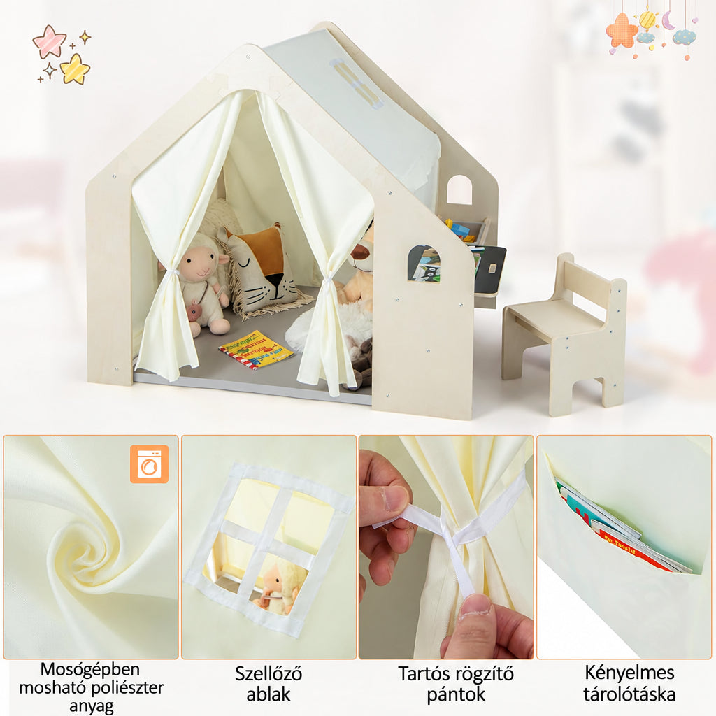 Benbo Kids 6 az 1-ben fa gyermek játszóház sátorral, asztallal, székkel, krétatáblával és tárolóval