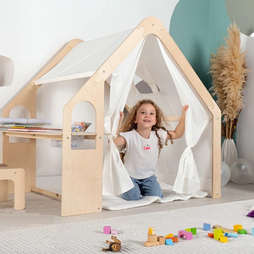 Benbo Kids 6 az 1-ben fa gyermek játszóház sátorral, asztallal, székkel, krétatáblával és tárolóval