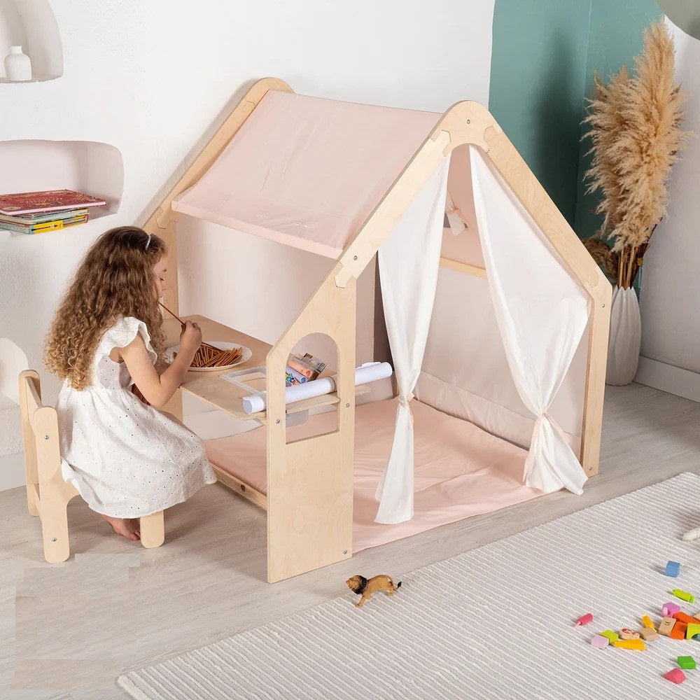 Benbo Kids 6 az 1-ben fa gyermek játszóház sátorral, asztallal, székkel, krétatáblával és tárolóval