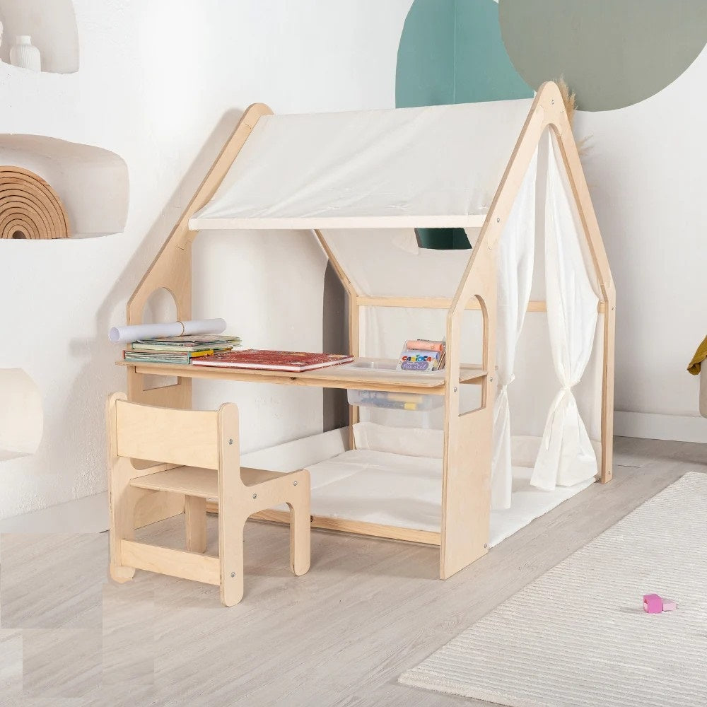 Benbo Kids 6 az 1-ben fa gyermek játszóház sátorral, asztallal, székkel, krétatáblával és tárolóval