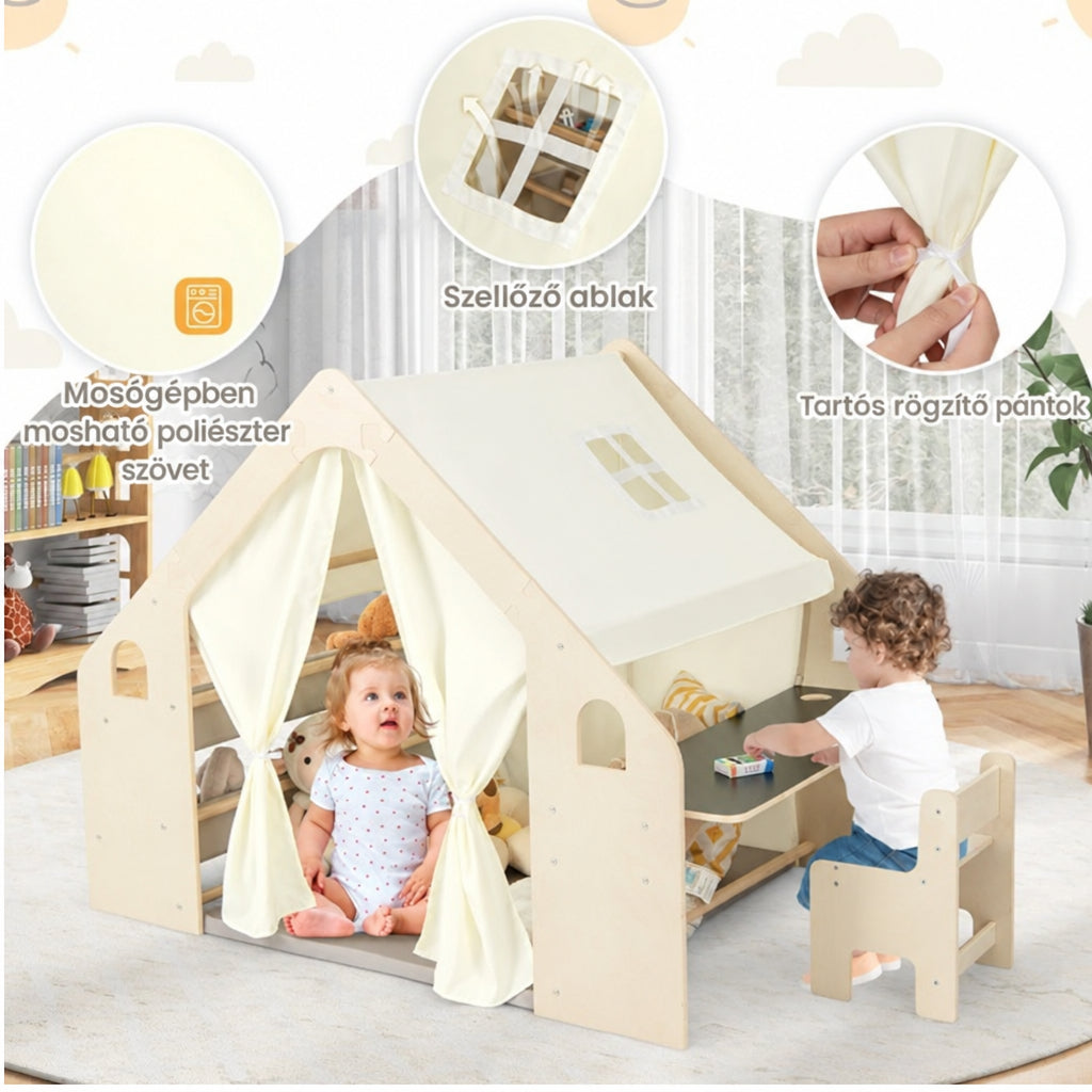 Benbo Kids 6 az 1-ben fa gyermek játszóház sátorral, asztallal, székkel, krétatáblával és tárolóval