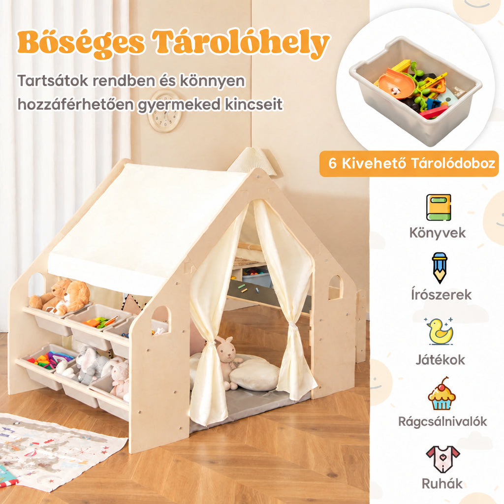 Benbo Kids 6 az 1-ben fa gyermek játszóház sátorral, asztallal, székkel, krétatáblával és tárolóval