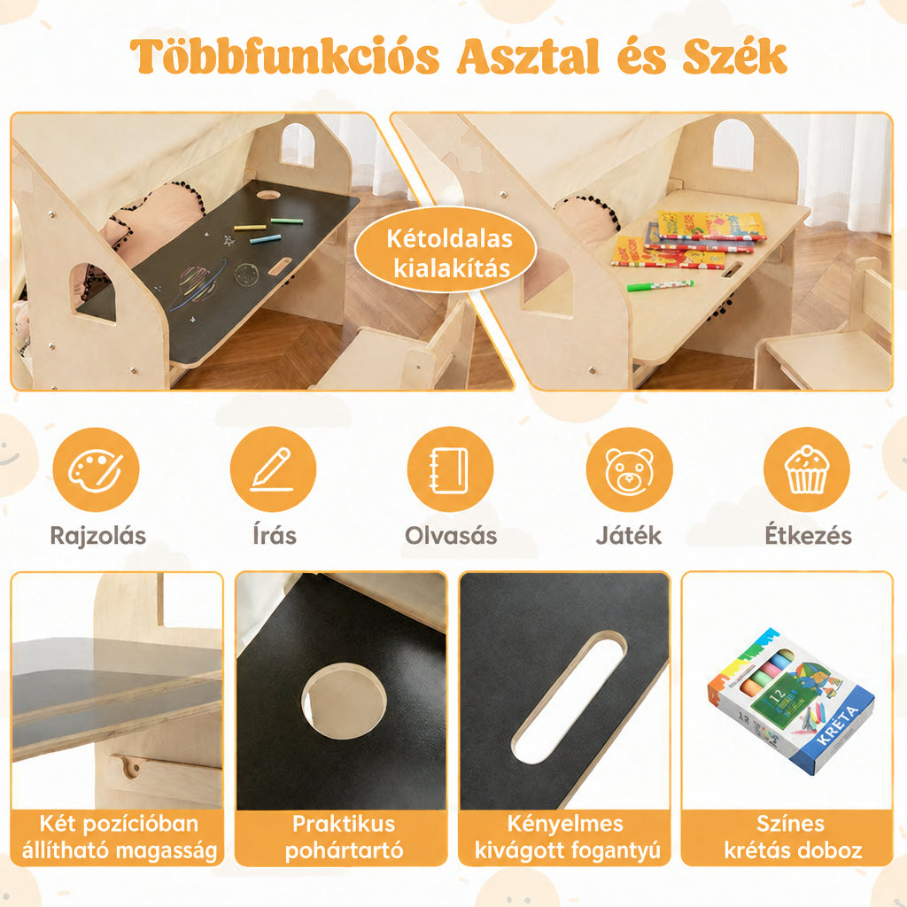 Benbo Kids 6 az 1-ben fa gyermek játszóház sátorral, asztallal, székkel, krétatáblával és tárolóval