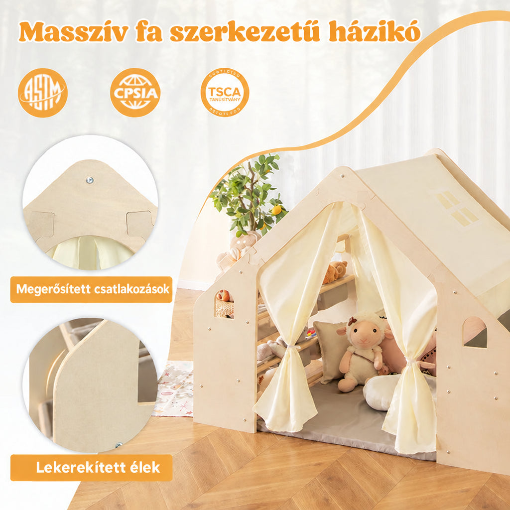 Benbo Kids 6 az 1-ben fa gyermek játszóház sátorral, asztallal, székkel, krétatáblával és tárolóval