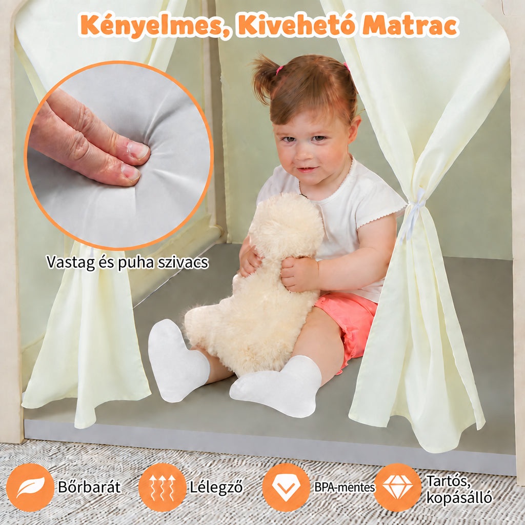 Benbo Kids 6 az 1-ben fa gyermek játszóház sátorral, asztallal, székkel, krétatáblával és tárolóval