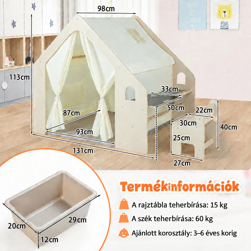 Benbo Kids 6 az 1-ben fa gyermek játszóház sátorral, asztallal, székkel, krétatáblával és tárolóval