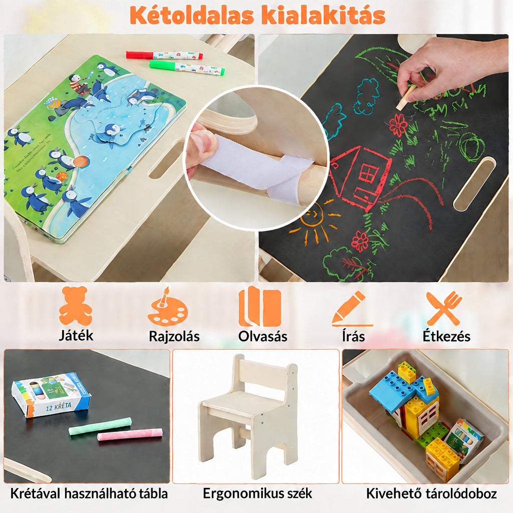 Benbo Kids 6 az 1-ben fa gyermek játszóház sátorral, asztallal, székkel, krétatáblával és tárolóval