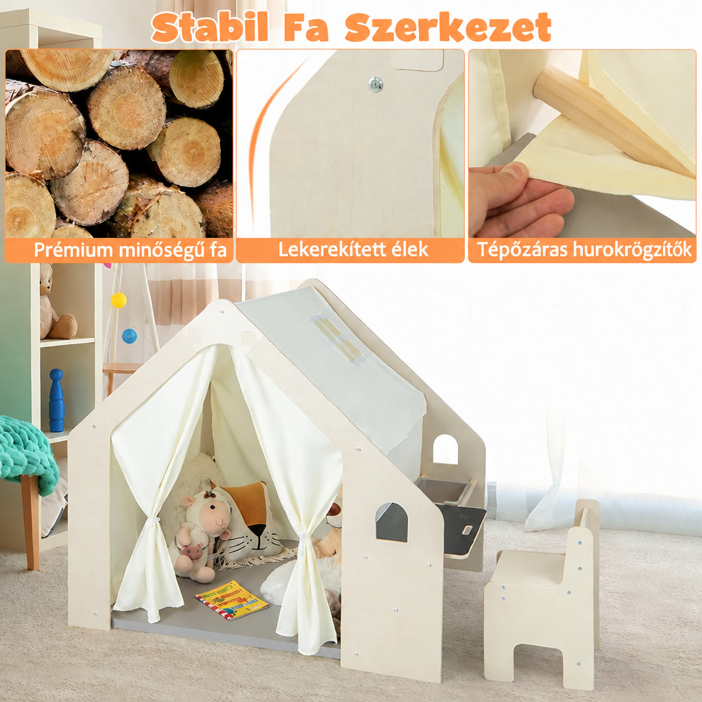 Benbo Kids 6 az 1-ben fa gyermek játszóház sátorral, asztallal, székkel, krétatáblával és tárolóval