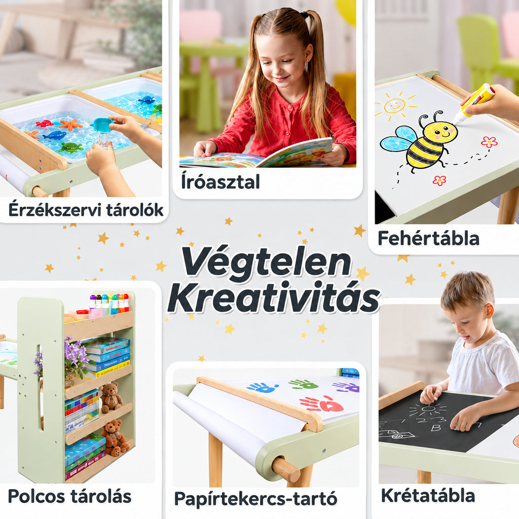 Benbo Kids 3 az 1-ben aktivitásasztal 2 székkel – homok- és vízjátékkal, fehér- és krétatáblával