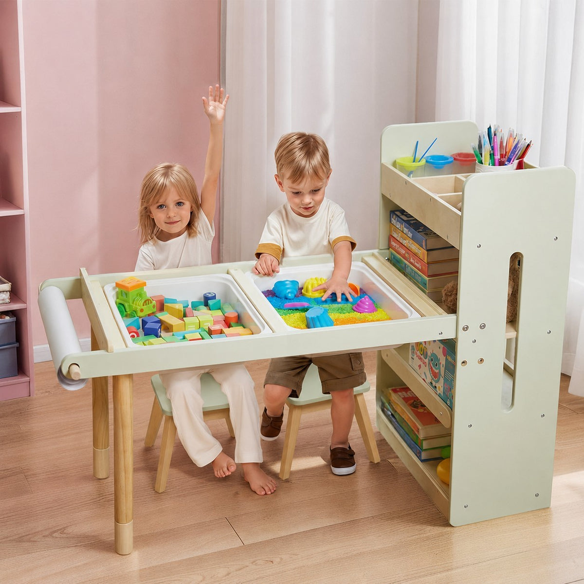 Benbo Kids 3 az 1-ben aktivitásasztal 2 székkel – homok- és vízjátékkal, fehér- és krétatáblával