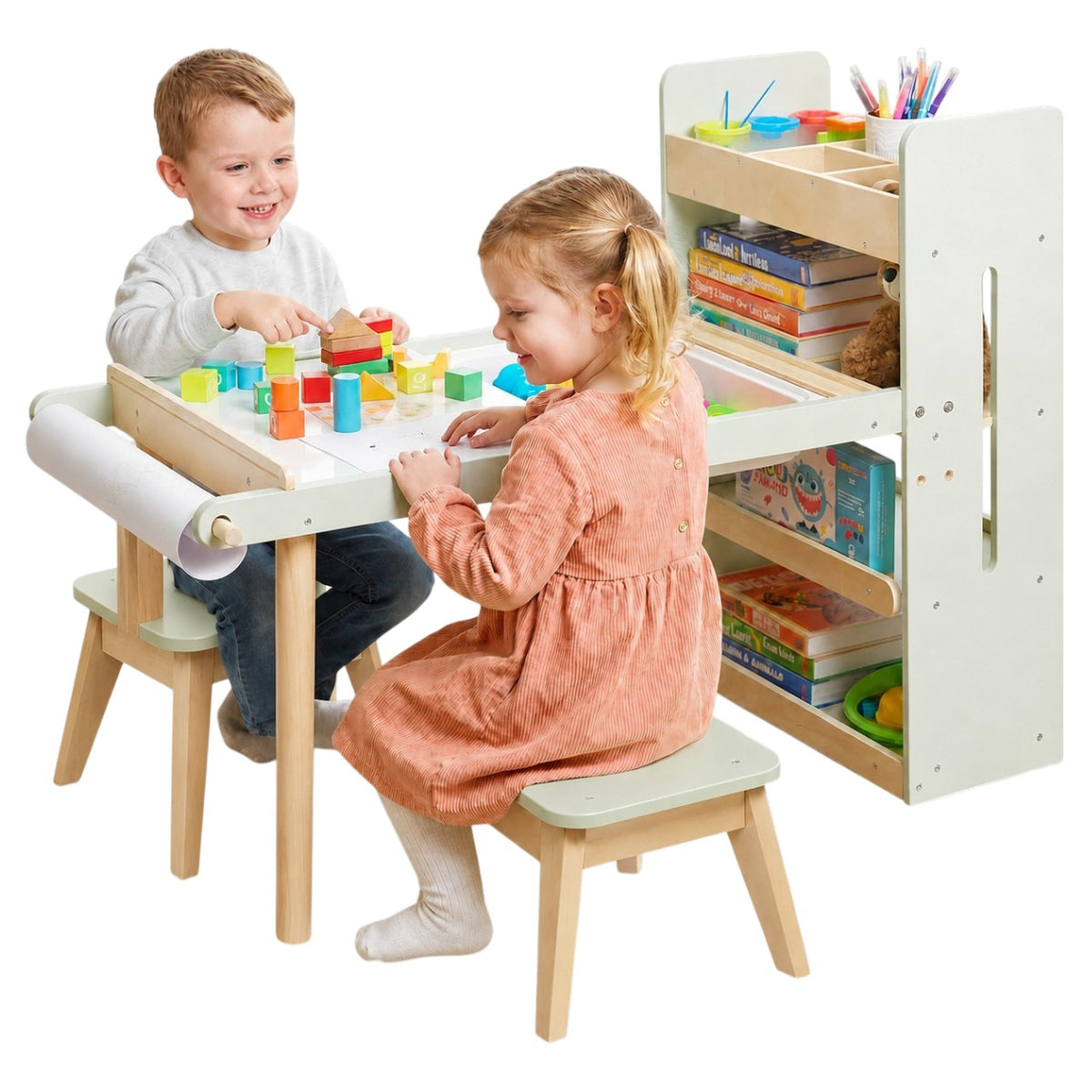 Benbo Kids 3 az 1-ben aktivitásasztal 2 székkel – homok- és vízjátékkal, fehér- és krétatáblával