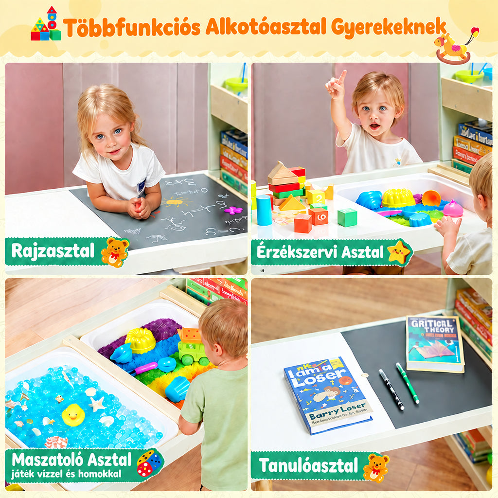 Benbo Kids 3 az 1-ben aktivitásasztal 2 székkel – homok- és vízjátékkal, fehér- és krétatáblával