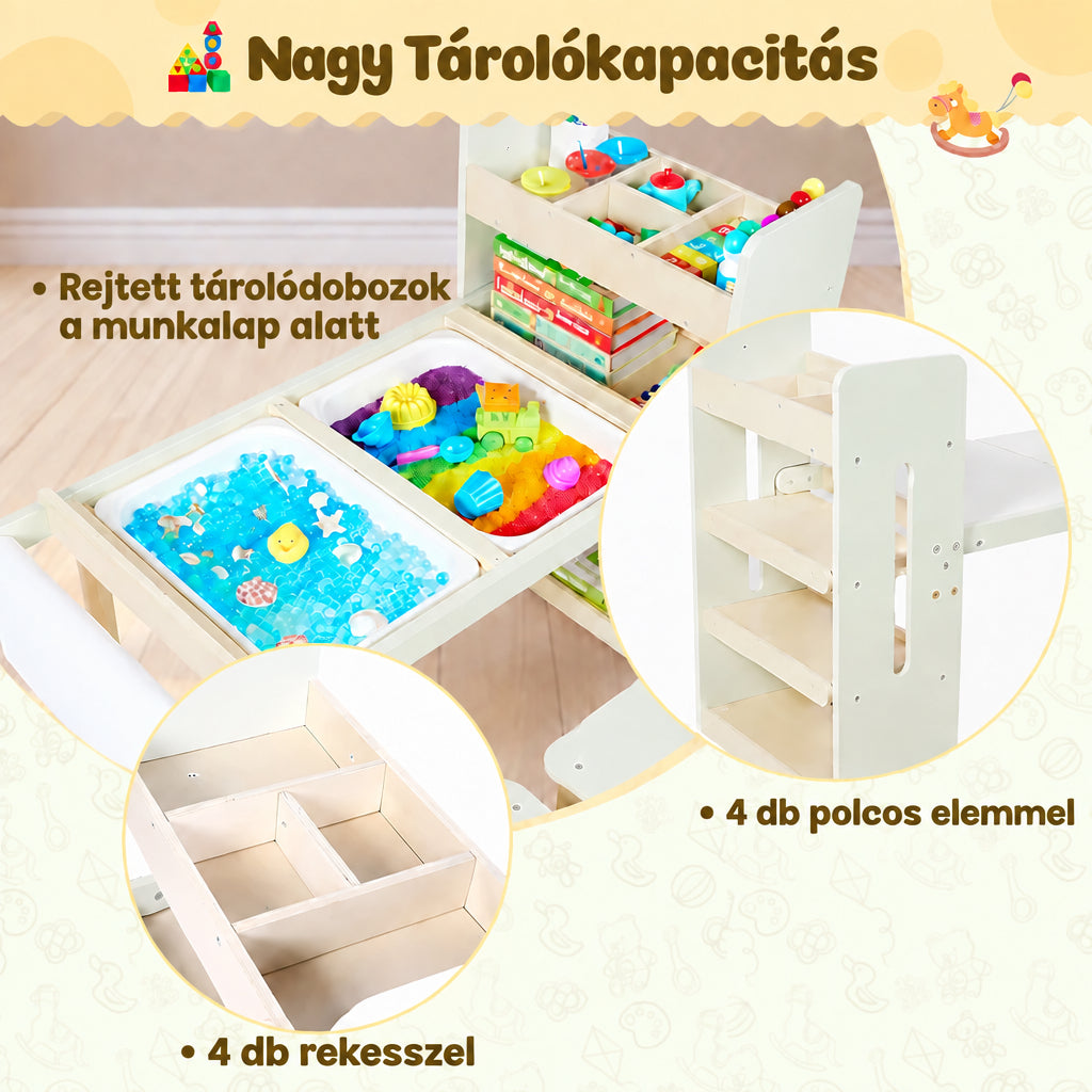 Benbo Kids 3 az 1-ben aktivitásasztal 2 székkel – homok- és vízjátékkal, fehér- és krétatáblával