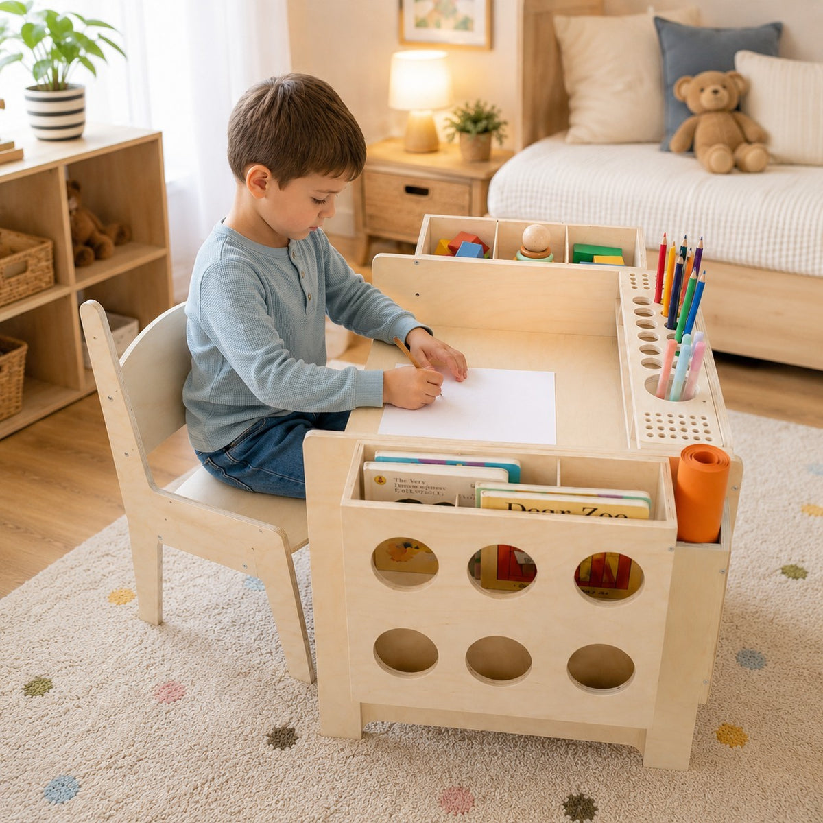 Benbo Kids állítható magasságú fa gyermek íróasztal székkel és rendszerezővel – natúr