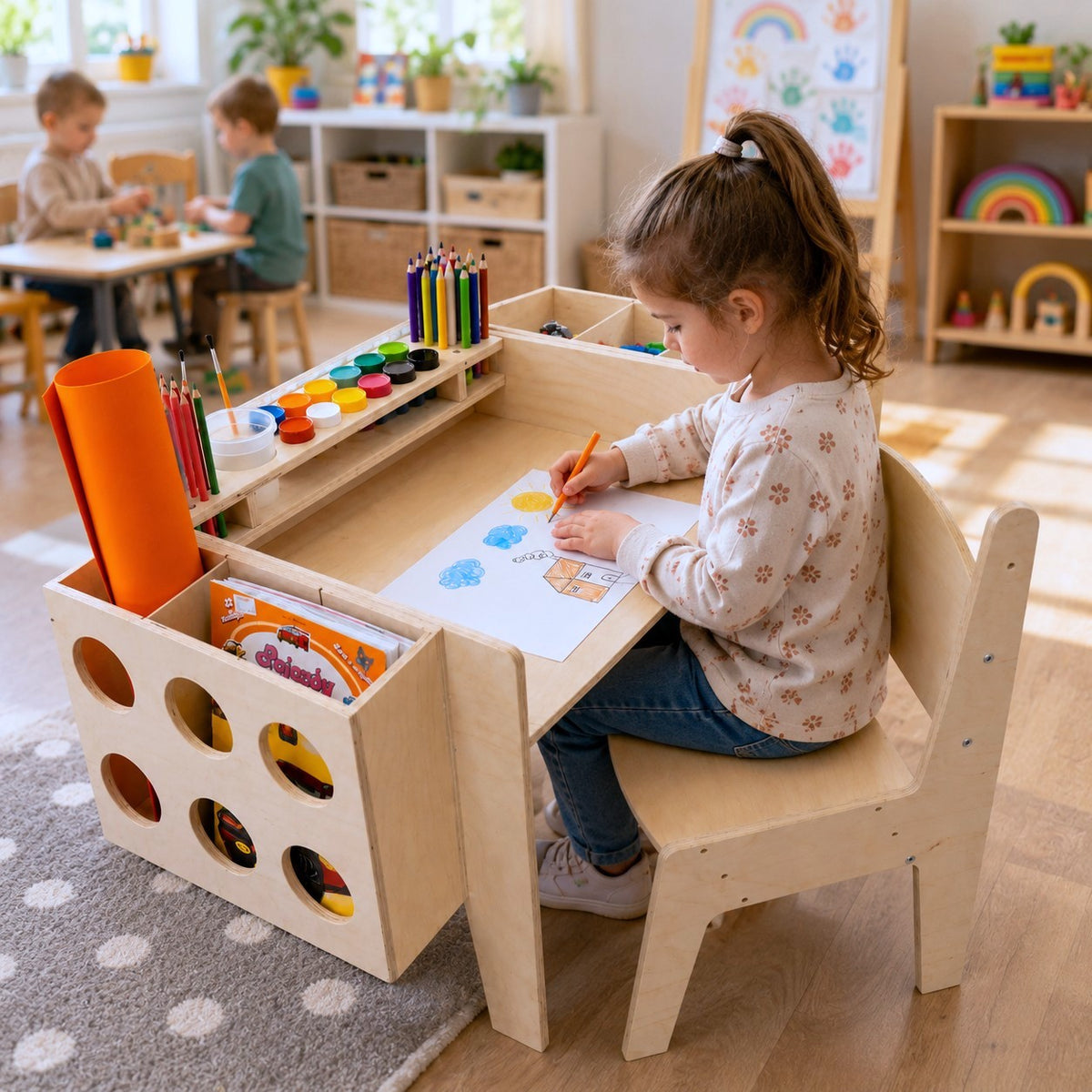 Benbo Kids állítható magasságú fa gyermek íróasztal székkel és rendszerezővel – natúr