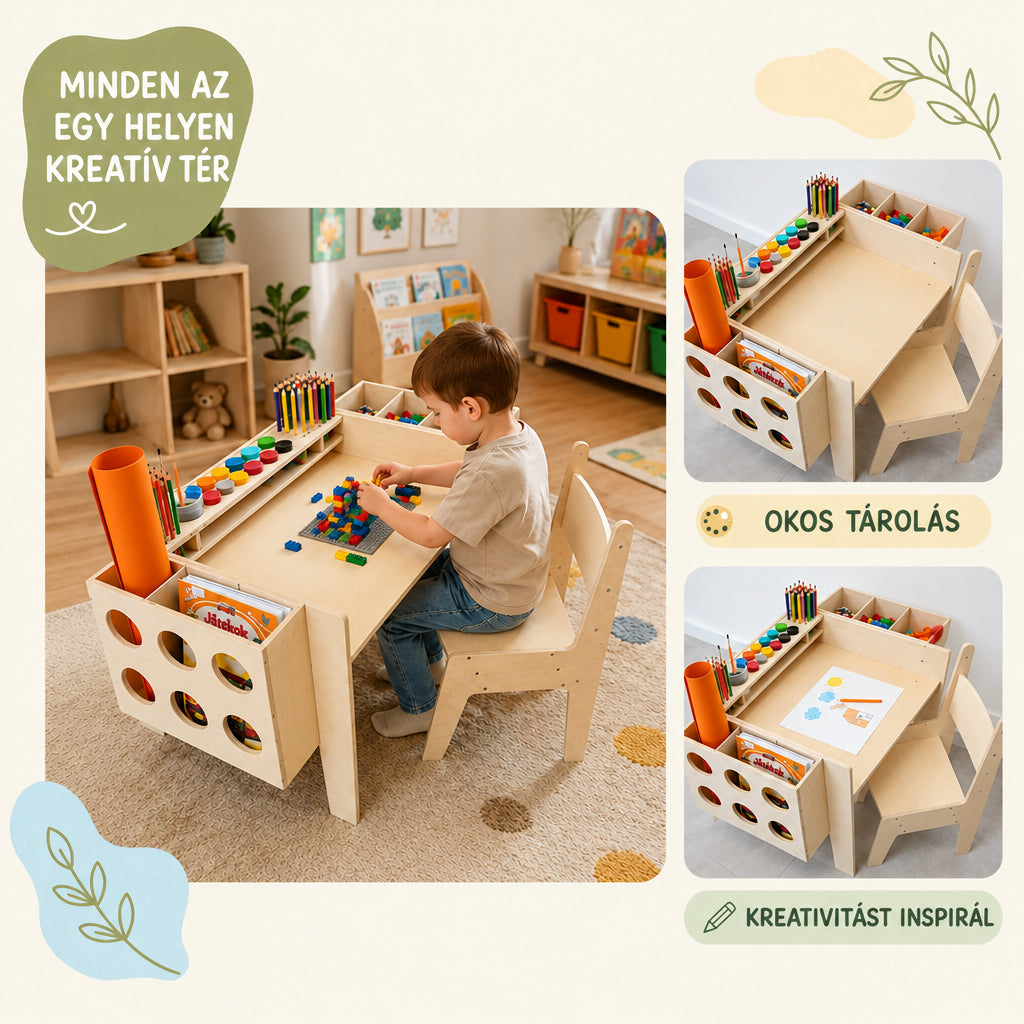 Benbo Kids állítható magasságú fa gyermek íróasztal székkel és rendszerezővel – natúr