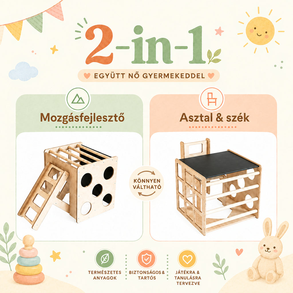 Benbo Kids 2 az 1-ben fa gyermekasztal székkel és mászókockával – natúr