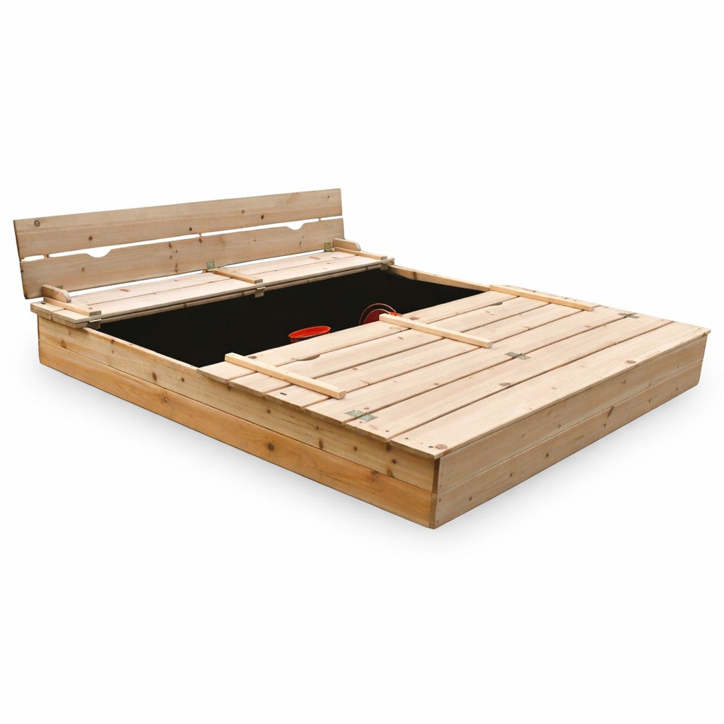Benbo Kids nagy fa homokozó padokkal és összecsukható fedéllel – 157 × 157 cm