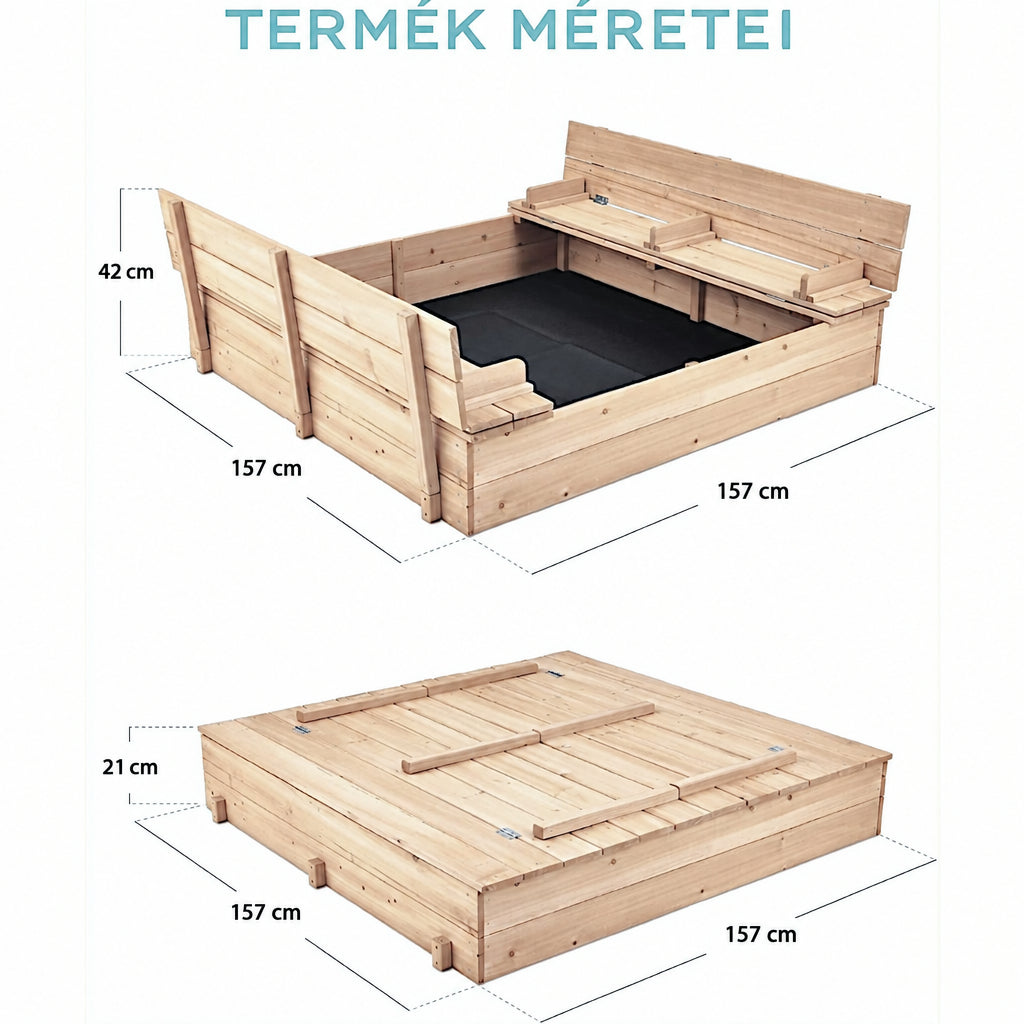 Benbo Kids nagy fa homokozó padokkal és összecsukható fedéllel – 157 × 157 cm