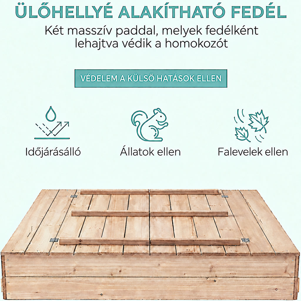 Benbo Kids nagy fa homokozó padokkal és összecsukható fedéllel – 157 × 157 cm