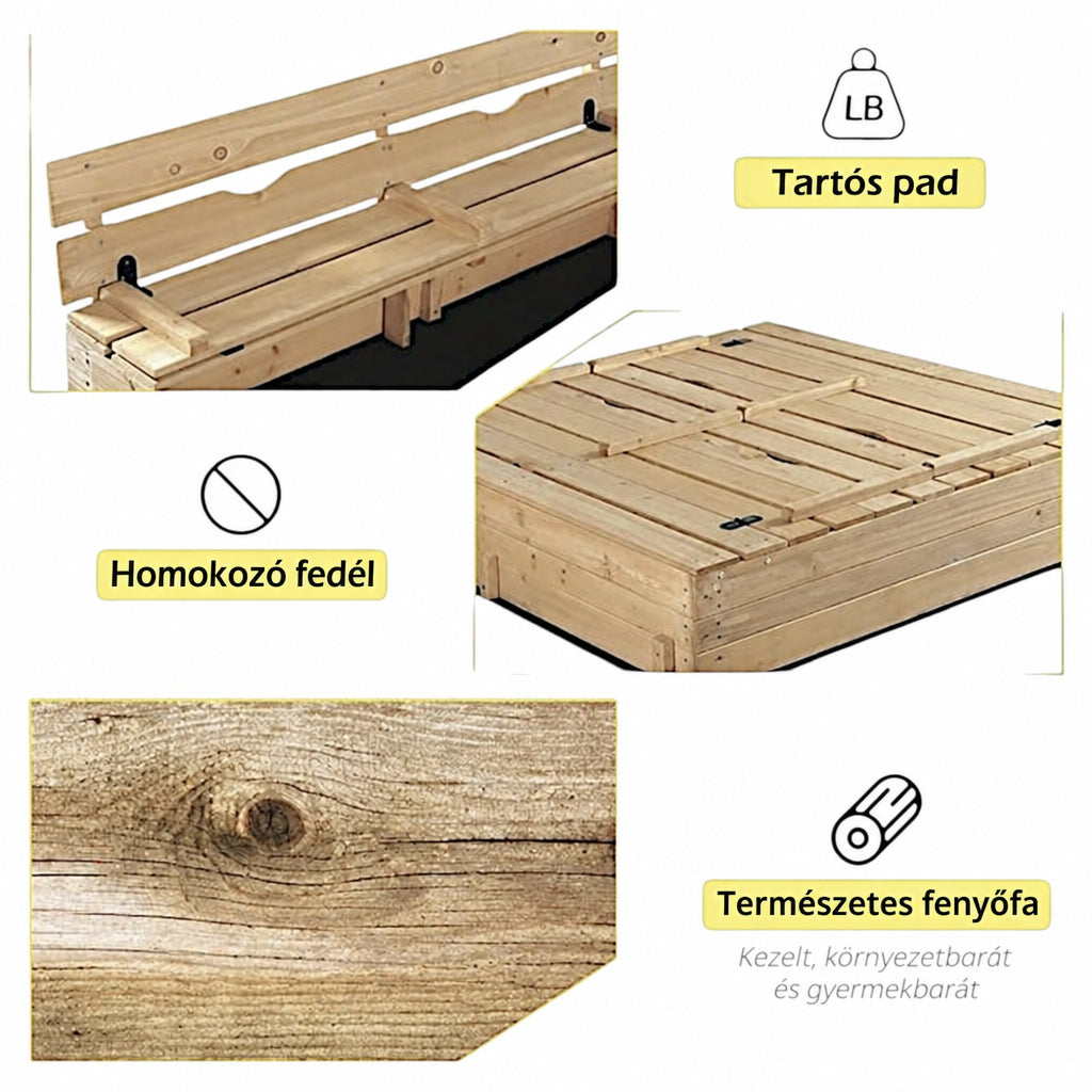 Benbo Kids nagy fa homokozó padokkal és összecsukható fedéllel – 157 × 157 cm