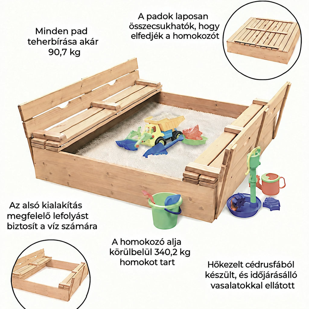 Benbo Kids nagy fa homokozó padokkal és összecsukható fedéllel – 157 × 157 cm