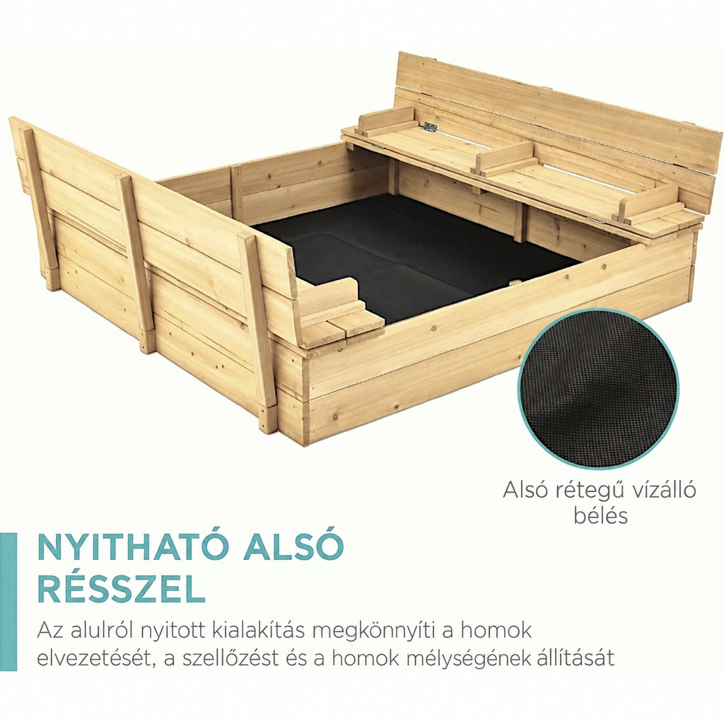 Benbo Kids nagy fa homokozó padokkal és összecsukható fedéllel – 157 × 157 cm