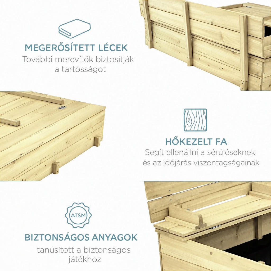 Benbo Kids nagy fa homokozó padokkal és összecsukható fedéllel – 157 × 157 cm