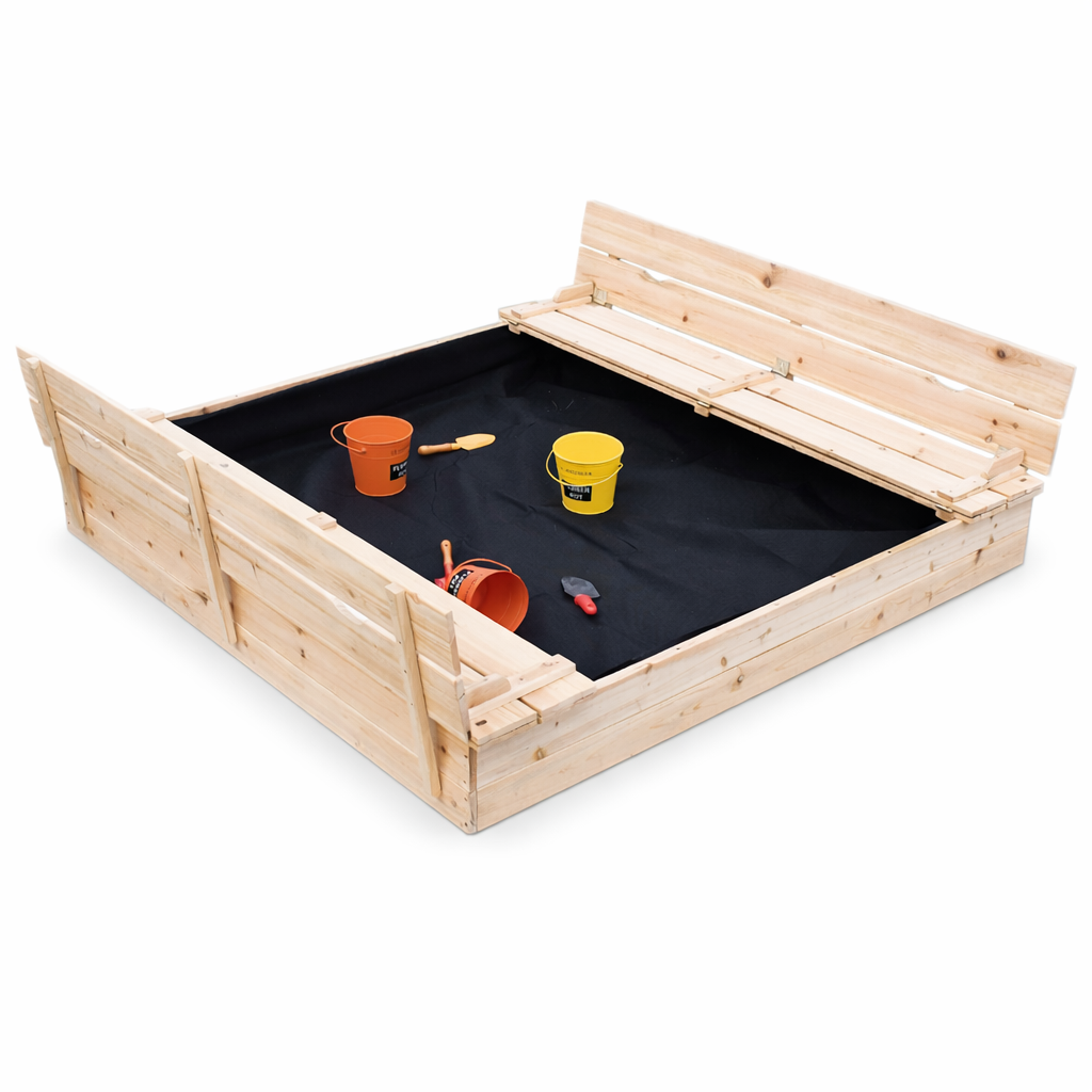Benbo Kids nagy fa homokozó padokkal és összecsukható fedéllel – 157 × 157 cm
