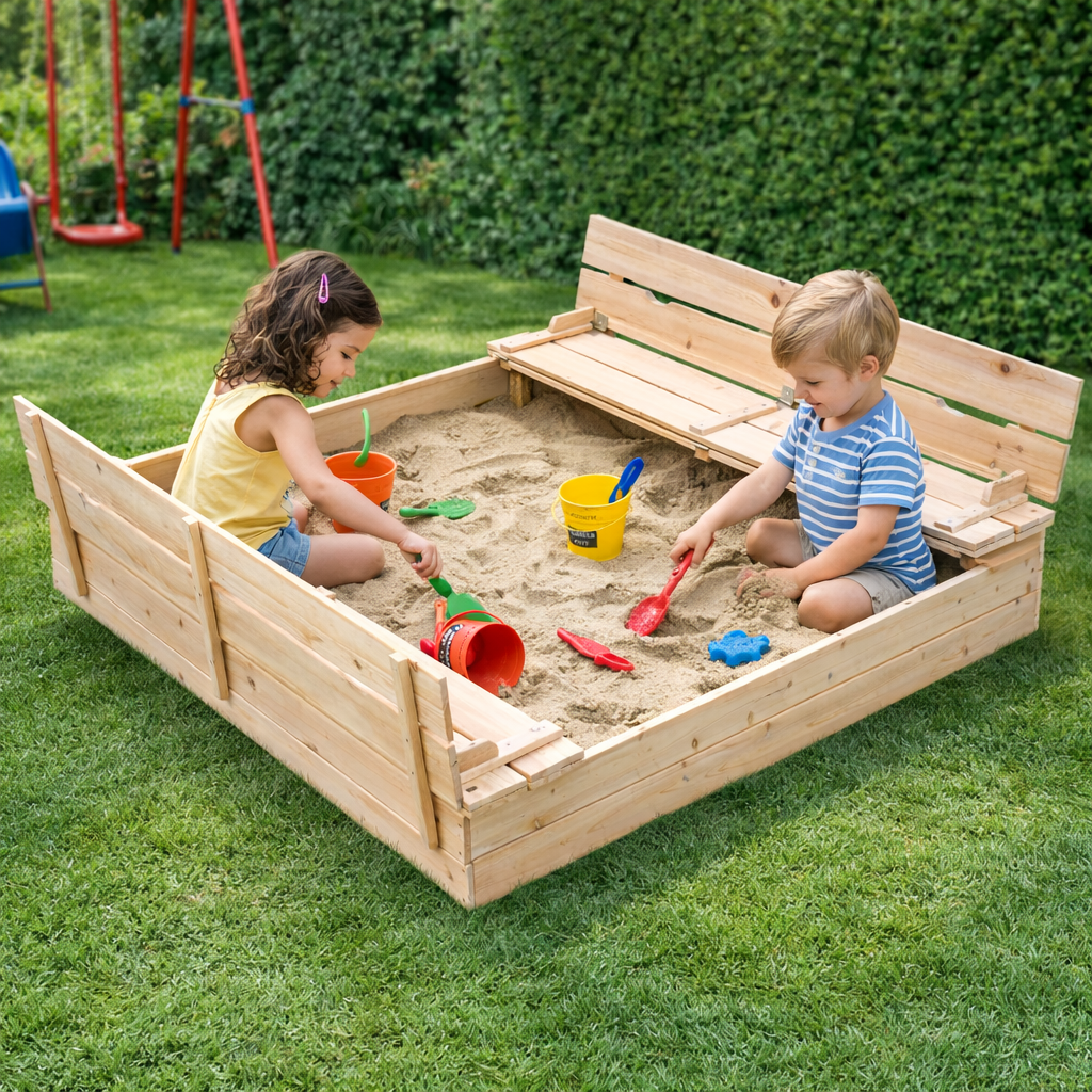 Benbo Kids nagy fa homokozó padokkal és összecsukható fedéllel – 157 × 157 cm